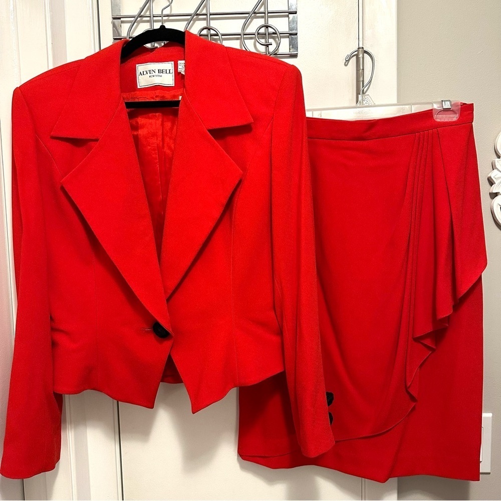 Vintage Alvin Bell Women’s Red Power Suit 10 Skirt & Blazer Jacket Set NWT flaw